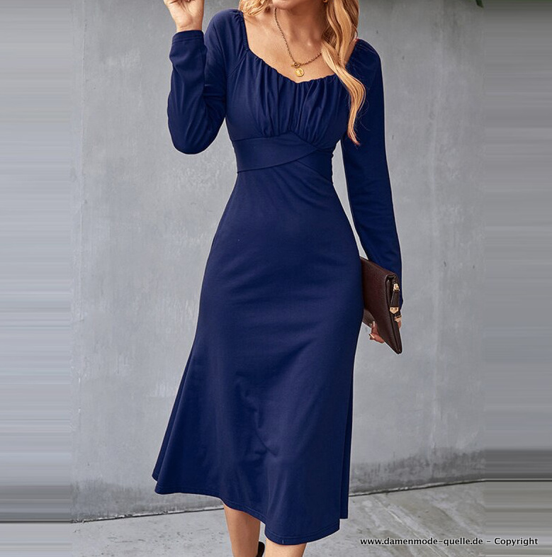 Elegantes Langarm Kleid in Navyblau Wadenlang