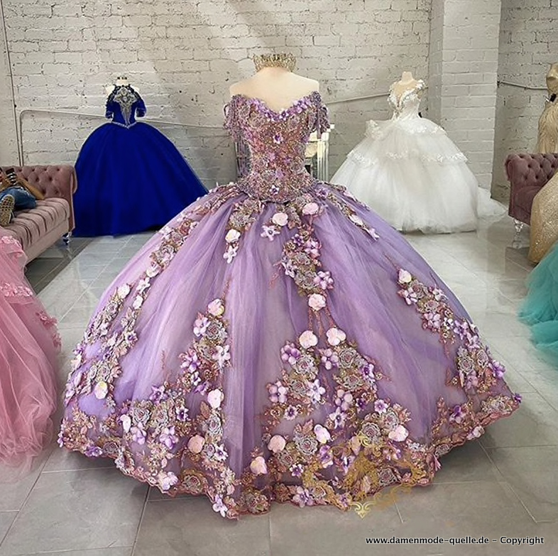 Schulterfreies Prinzessin Abendkleid in Flieder mit 3D Blumen