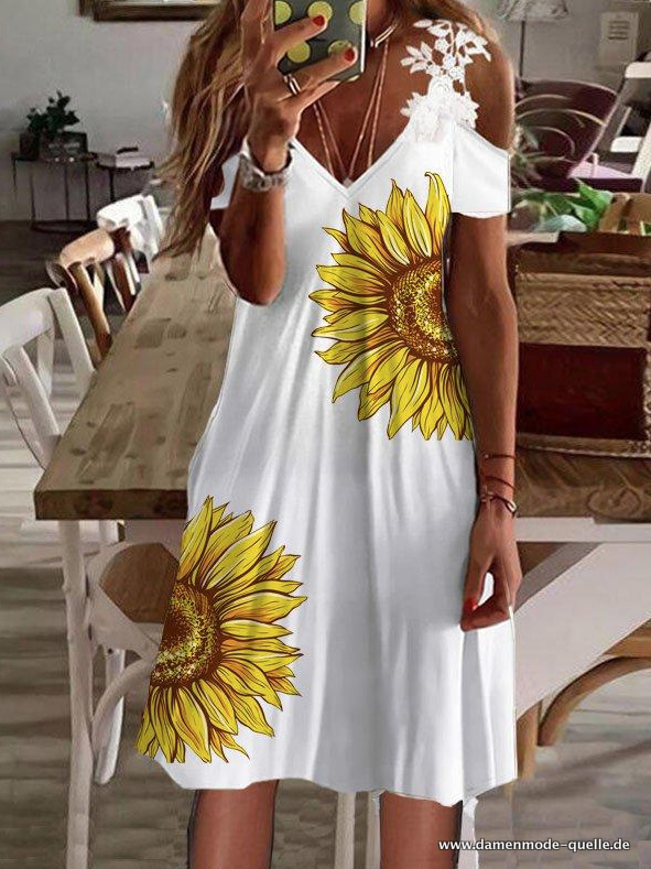 A Linie Tunika Sommerkleid in Weiß mit Sonnenblumen