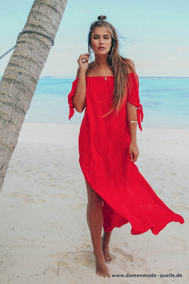 Sommer Beach Cuver Up Kleid Strandkleid Schulterfrei in Rot