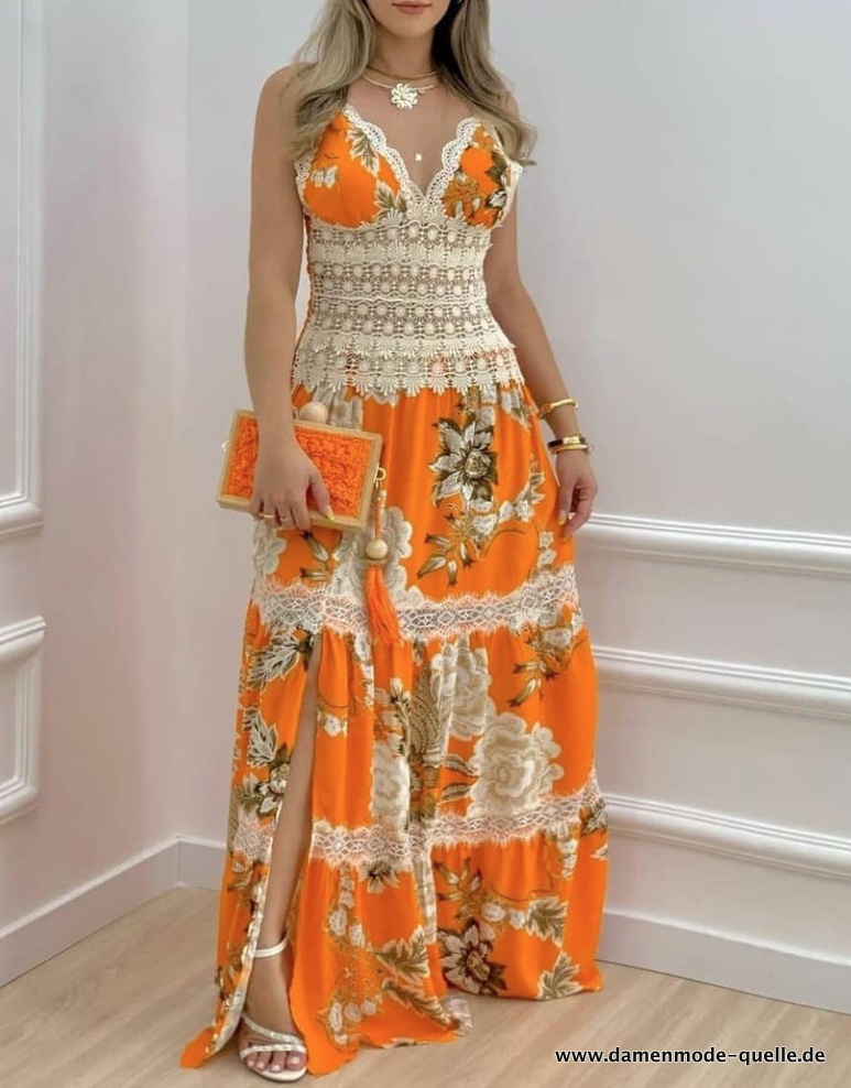 Empire Maxi Sommerkleid Lang in Orange mit Spitze