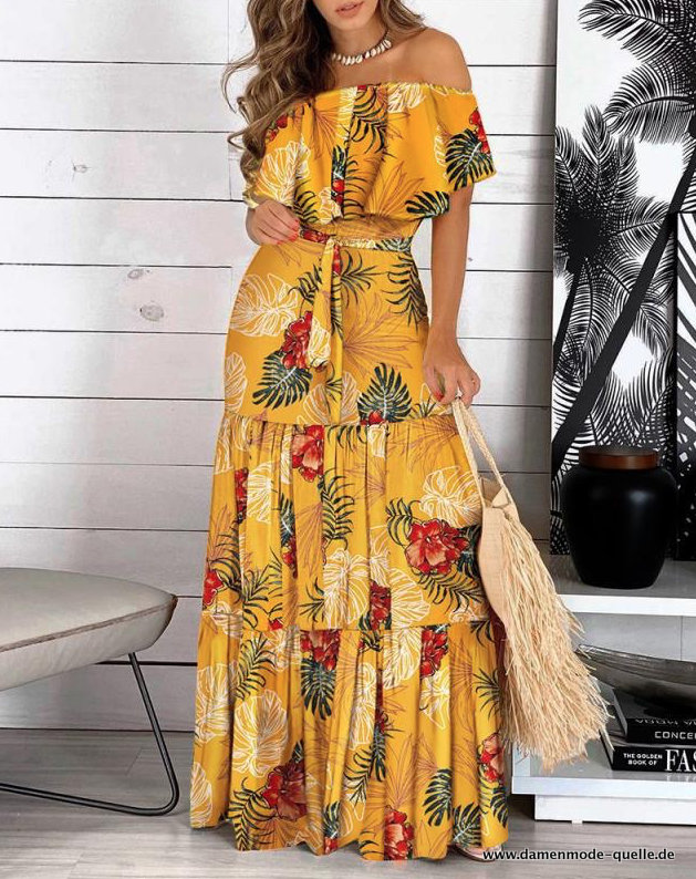 A Linie Blumen Print Sommerkleid Schulterfrei Gelb