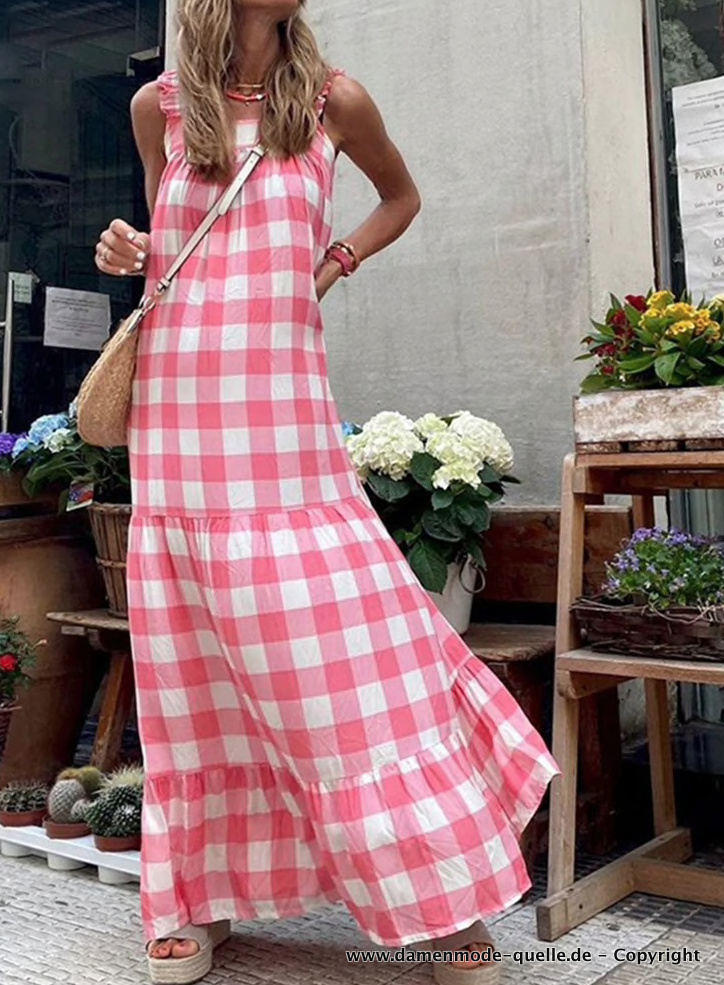 Vintage Style Maxi Sommerkleid Lang in Rosa Weiß Kariert