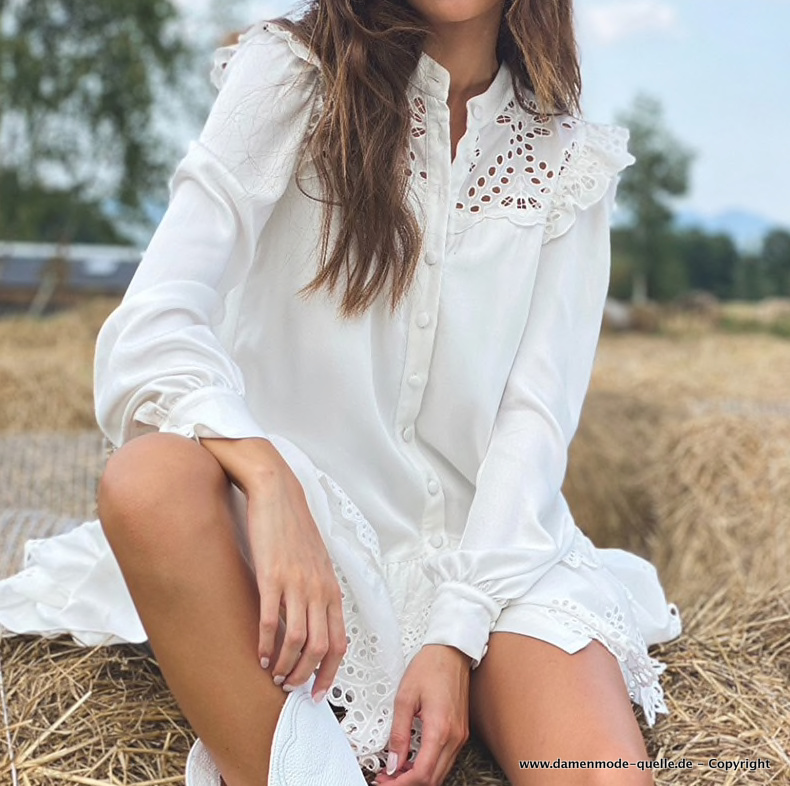 Sexy Cut Out Langarm Sommerkleid in Weiß mit Stehkragen