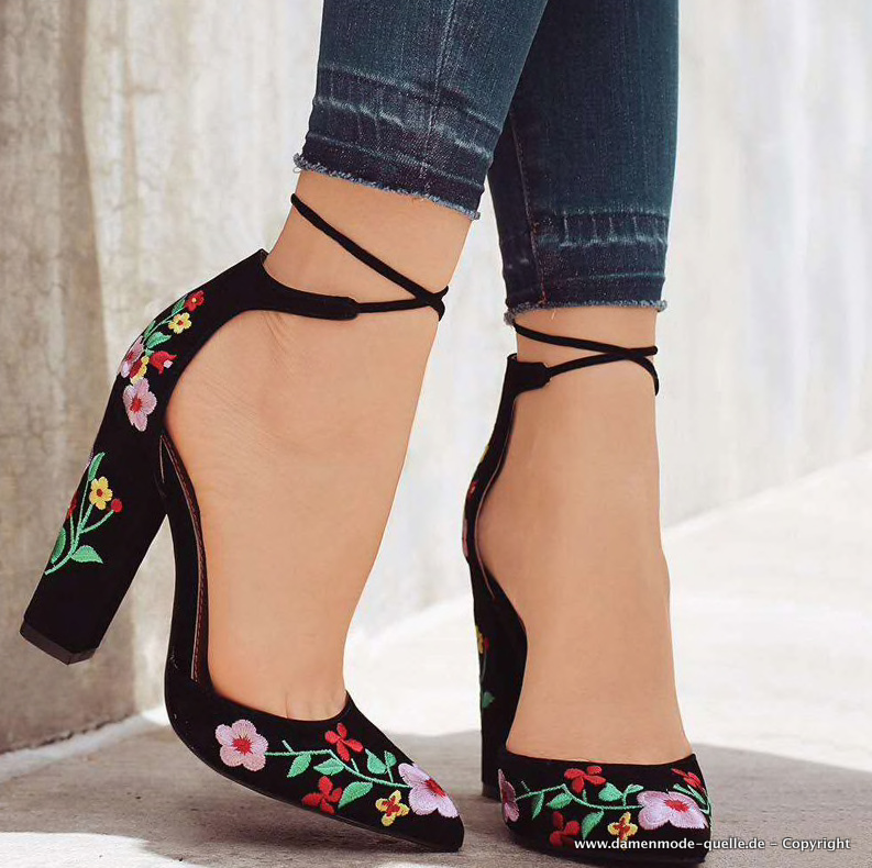 Damen Sommer Pumps in Schwarz mit Blumen Stickereien