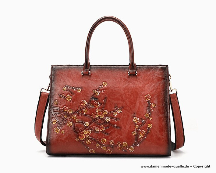 Vintage Style Leder Handtasche für Damen in Braun mit Blumenmuster