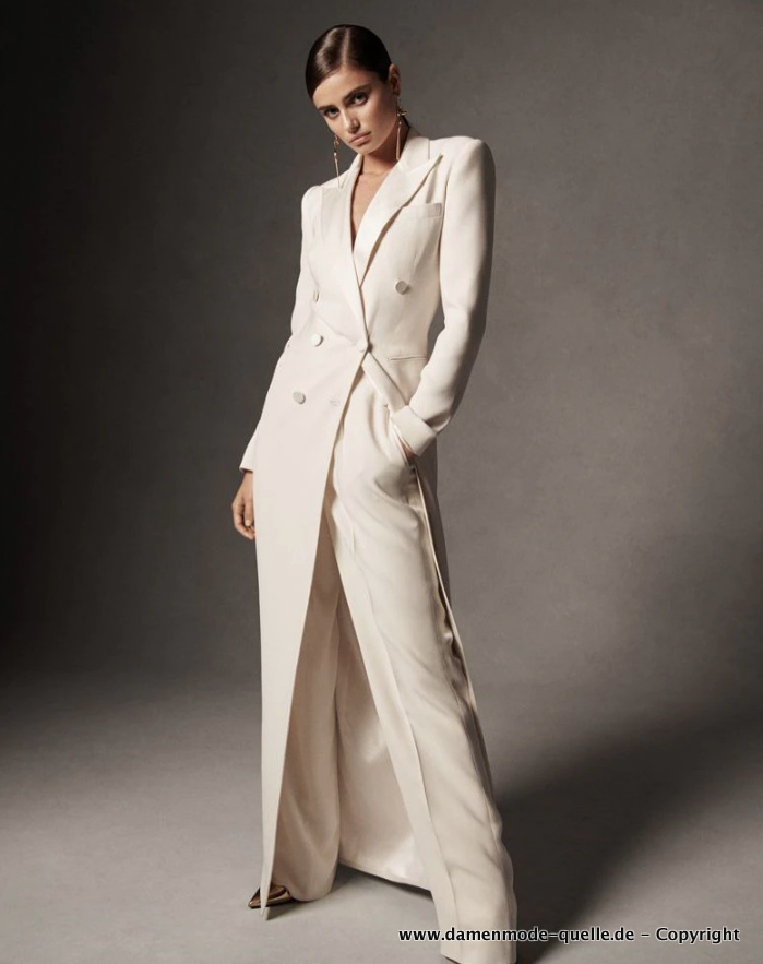 Eleganter Damen Hosenanzug in Weiß mit Lange Jacke