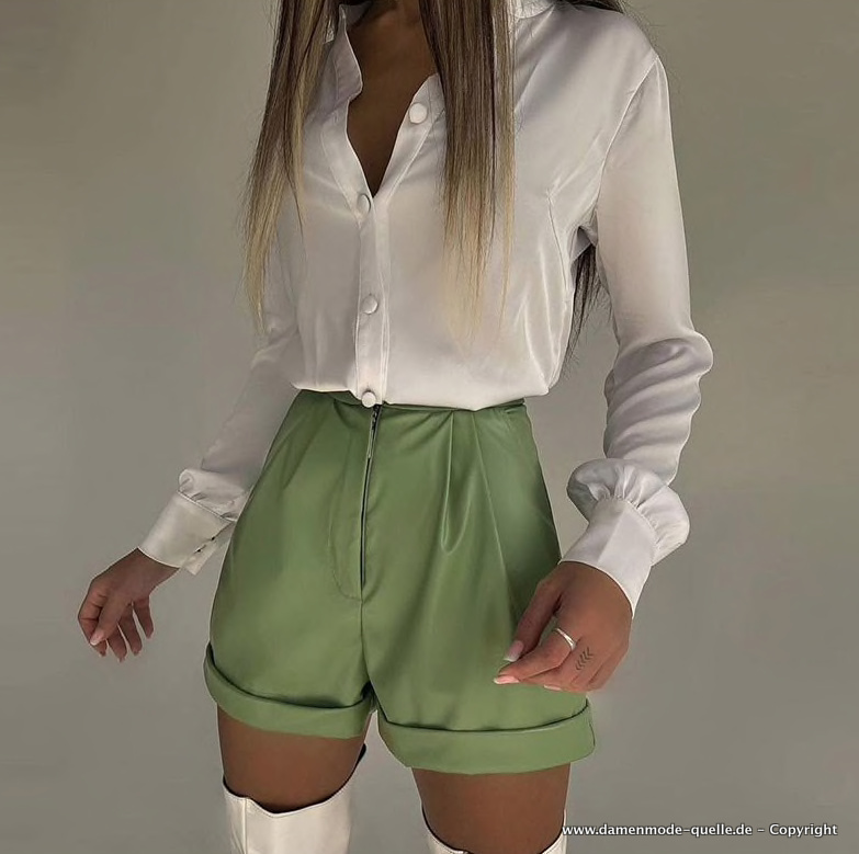 Eleganter Damen Outfit PU Leder Short mit Bluse im Set Grün Weiß