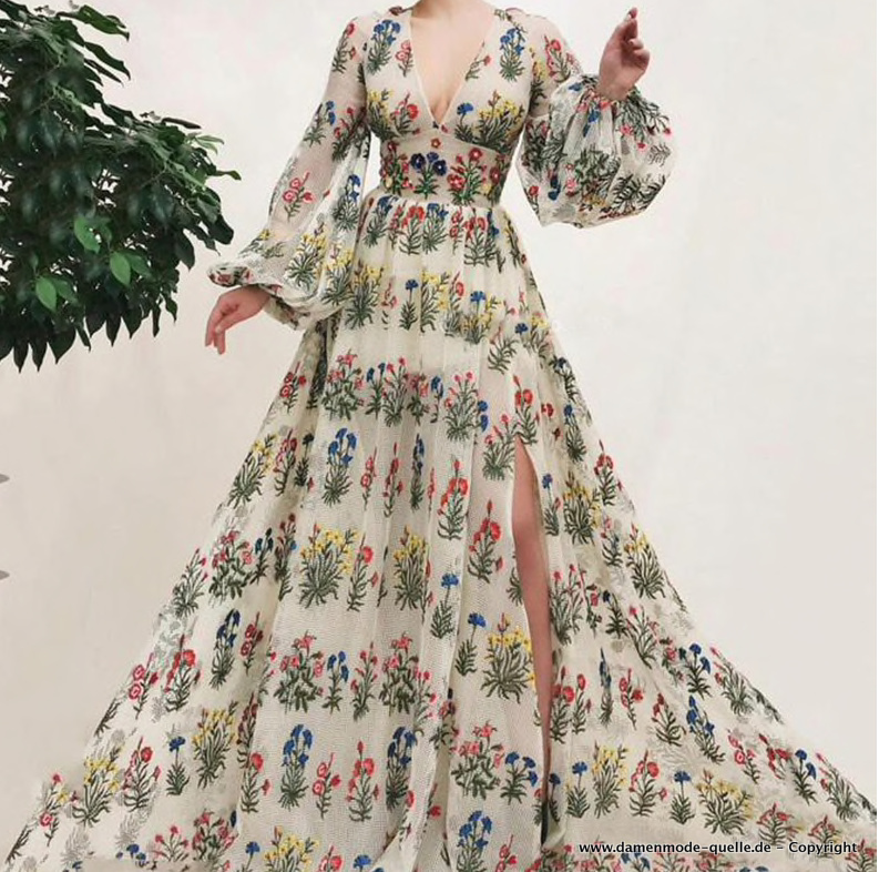 A Linie Vintage Style Sommerkleid Elegant mit Blumen Stickereien