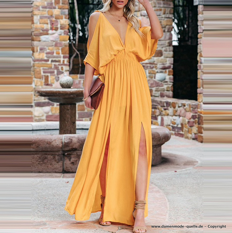 Elegantes Maxi Kleid in Gelb mit V Ausschnitt