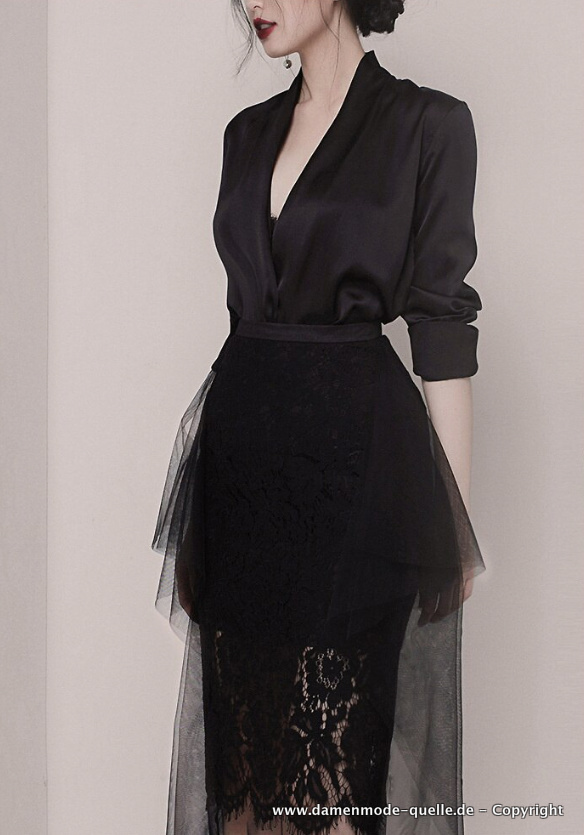 Elegantes Bodycon Kleid in Schwarz mit Tüll und Spitze