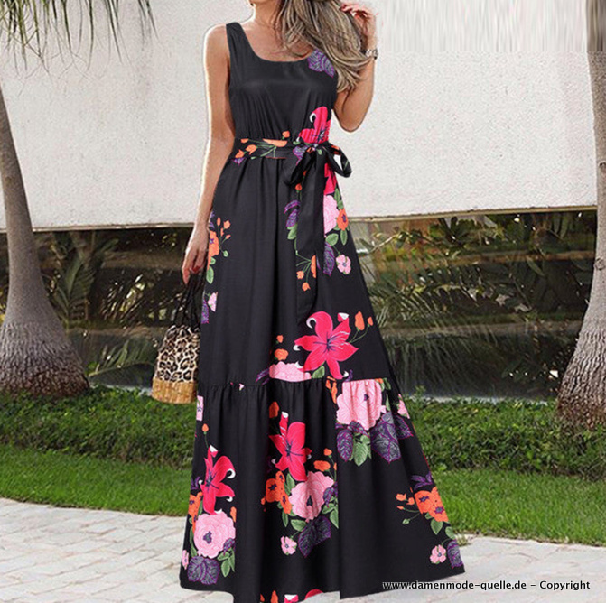  A Linie Maxi Sommerkleid Elegant mit Blumenmuster Schwarz