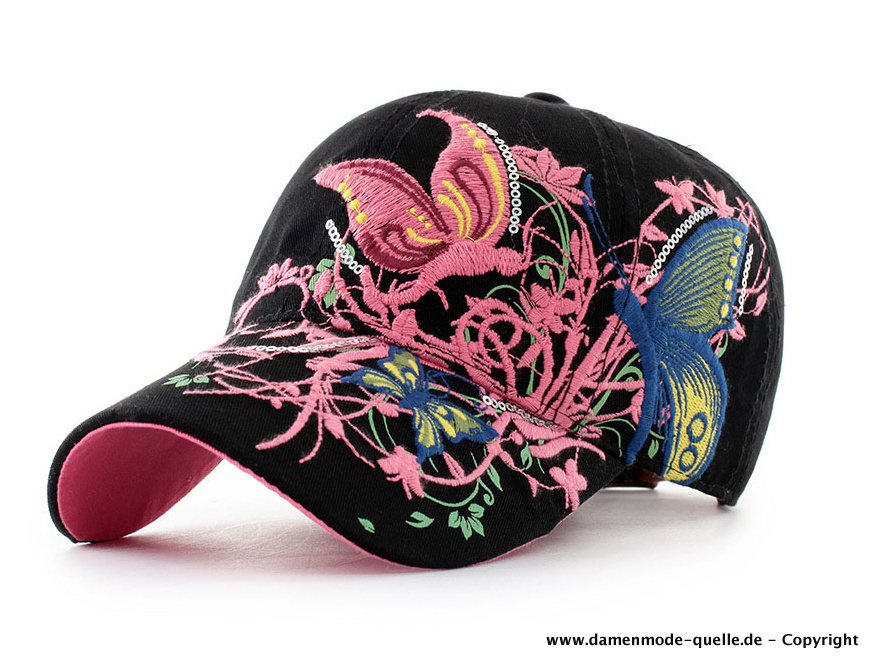 Damen Baseball Cap in Schwarz mit Schmetterling Stickereien