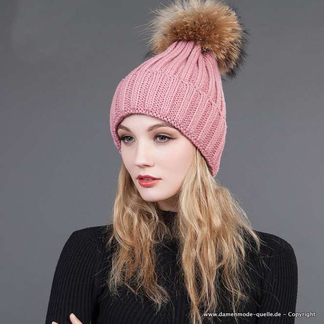 Pom Pon Winter Mütze für Damen in Rosa