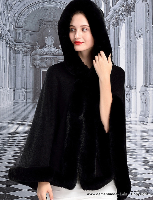 Plüsch Kunstpelz Cape Poncho mit Kapuze in Schwarz