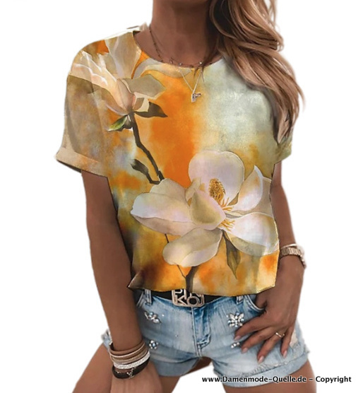 Blumen Print Damen Sommer Shirt mit Rundhals Ausschnitt Gelb