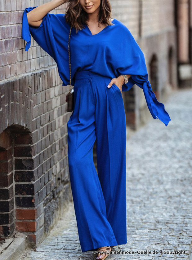 Eleganter Zweiteiler Outfit in Marineblau Bluse mit Marlene Hose im Set