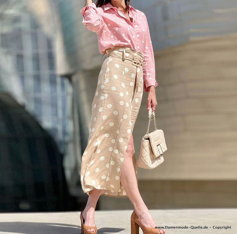 Bürooutfit Zweiteiler Bleistiftrock mit Langarm Bluse im Set Beige Rosa