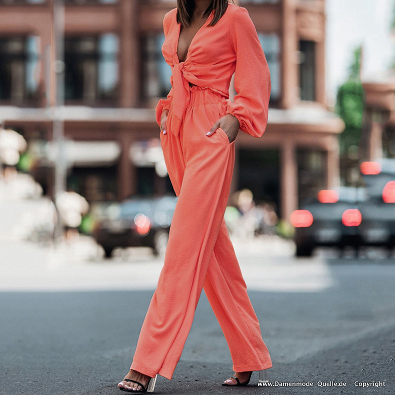 Langarm Zweiteiler Outfit in Orange mit Sexy V Ausschnitt