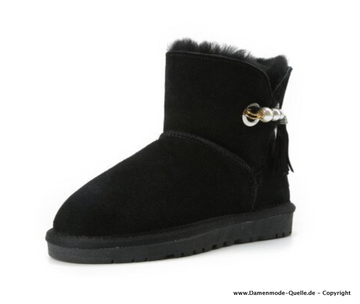 Leder Winter Stiefel in Schwarz mit Perlen