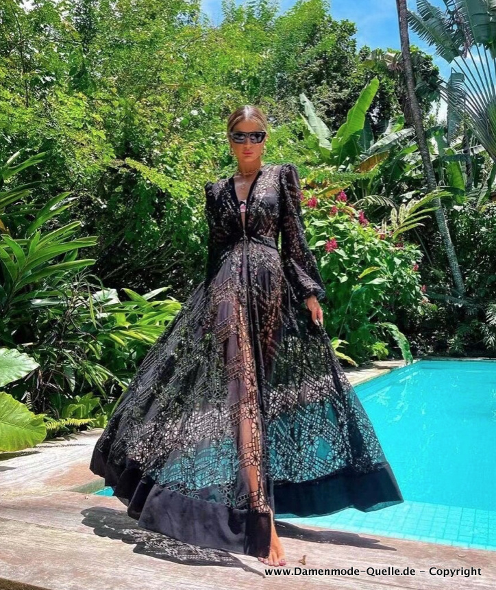 Sexy Beach Strandkleid mit Ärmel aus Spitze in Schwarz