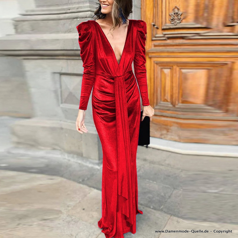Elegantes Langarm Samt Kleid Bodenlang mit V Ausschnitt Rot