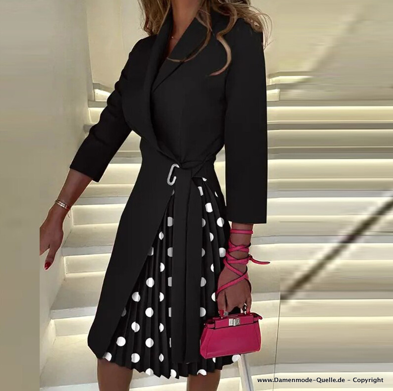 Elegantes Plissee Blazer Kleid in Schwarz Gepunktet
