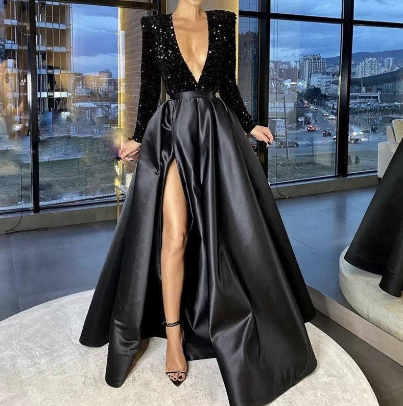 Sexy Tiefes V Pailletten Langarm  Party Kleid Damen Elegantes Abendkleid