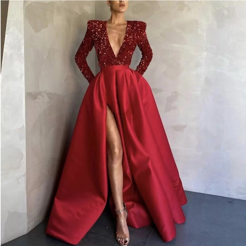 Sexy Tiefes V Pailletten Langarm  Party Kleid Damen Elegantes Abendkleid