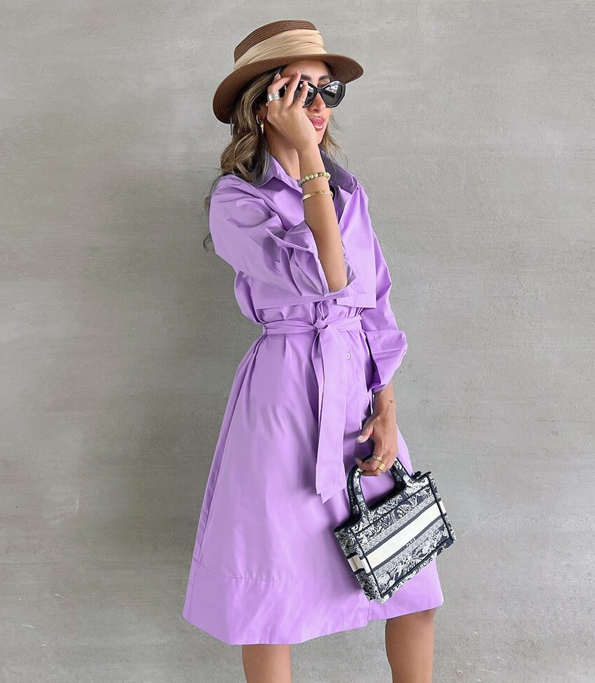 Elegantes Büro Kleid Frühling Sommer A-Line Mode Chic Flieder