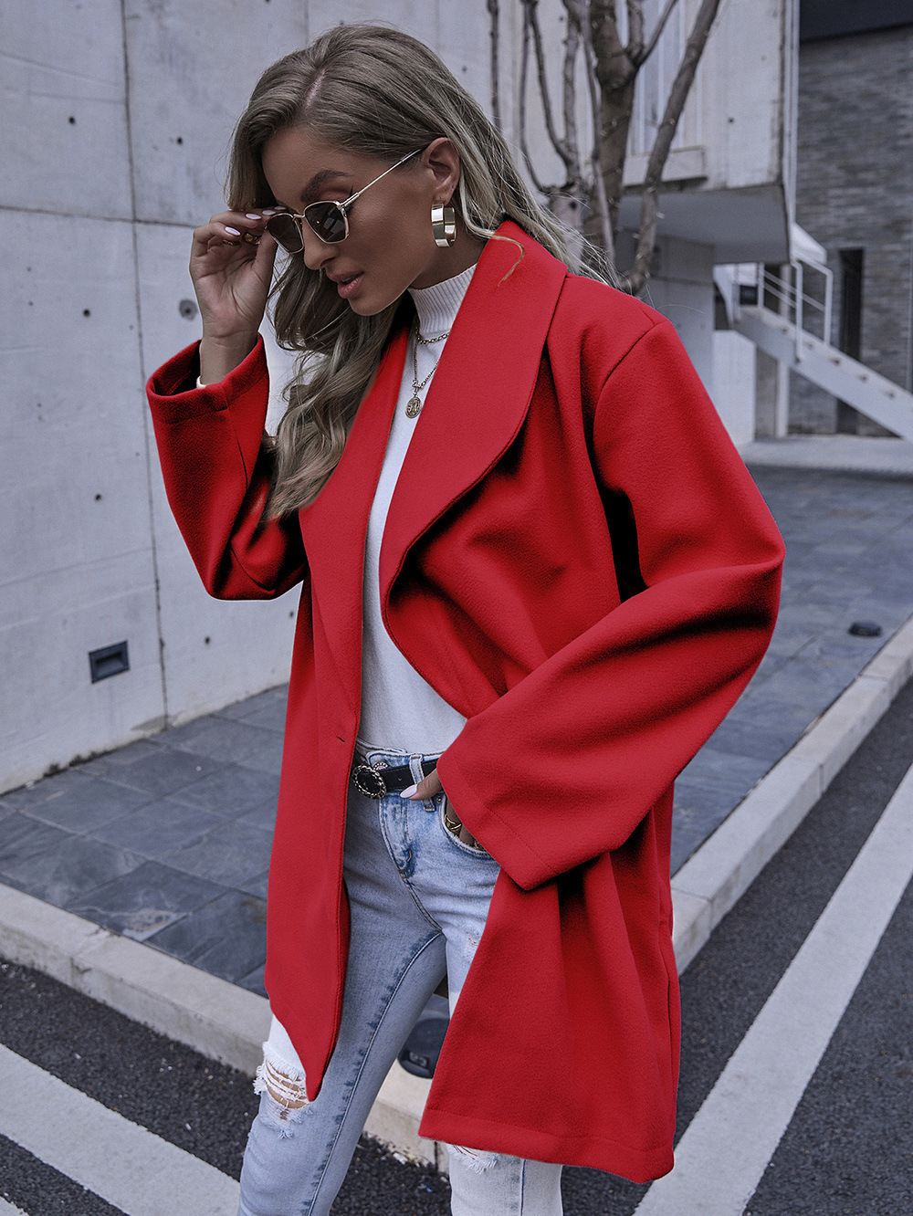 Mantel Rot Einfarbig Wolle Polo Kragen für Ladys