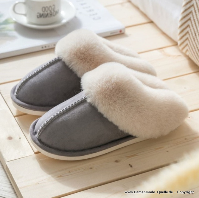 Warme Plüsch Hausschuhe Slippers Benedikte Grau Weiß