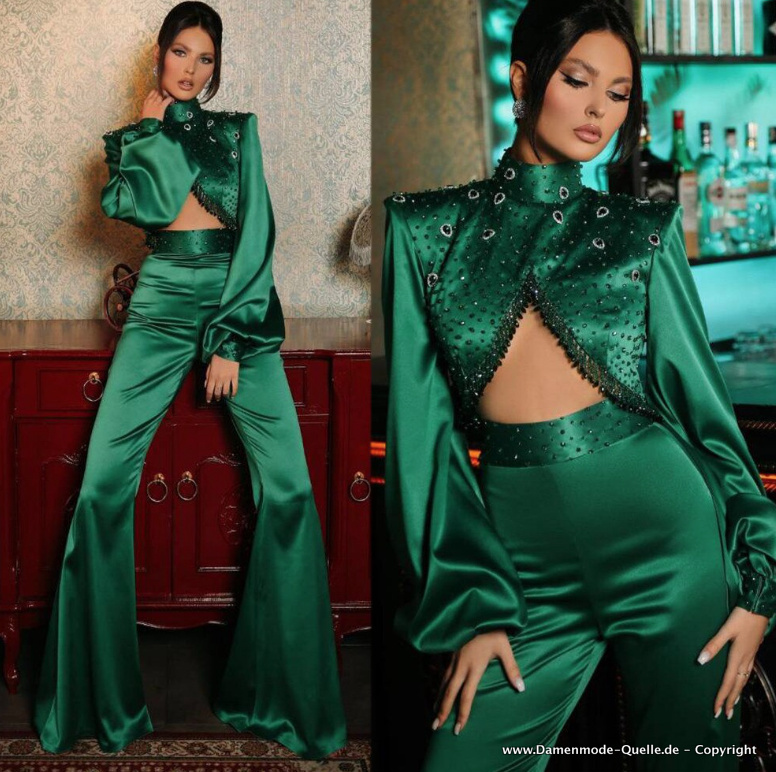 Sexy Party Hosenanzug Outfit für Damen Crop Blase mit Hose Perlen Bestickt Grün