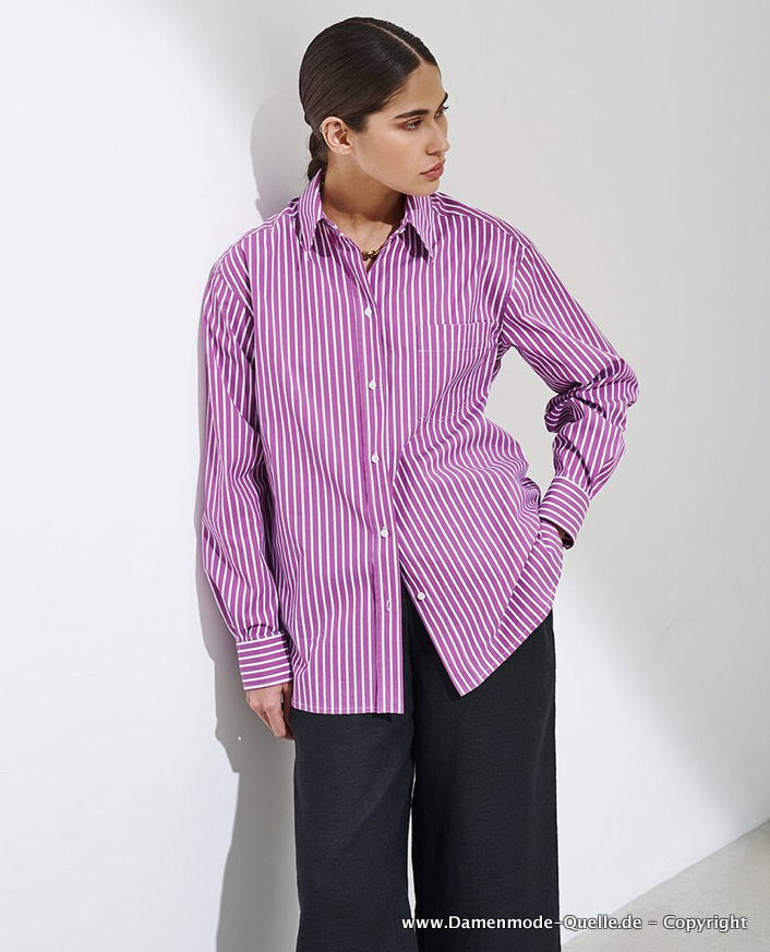 Vintage Style Damen Bluse in Flieder Gestreift