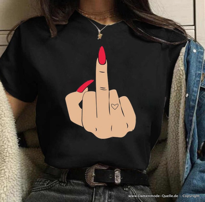 Cartoon Grafik Finger Nagel Print Damen Sommer T-Shirt in Schwarz