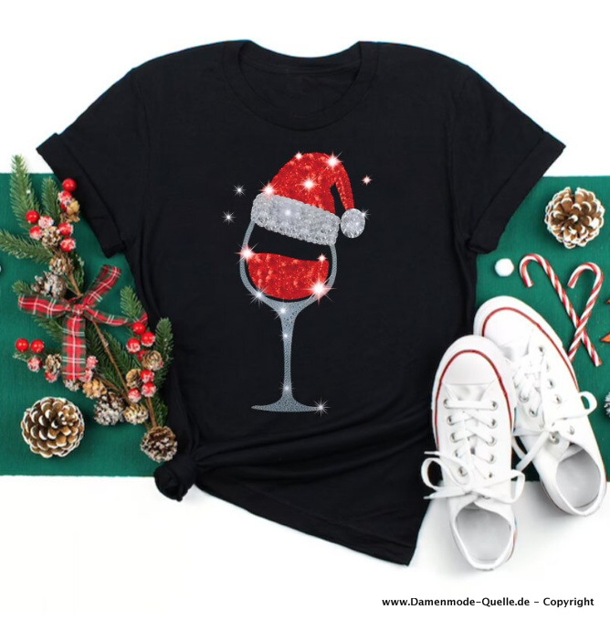Weinglas mit Weihnachtsmütze Damen T-Shirt in Schwarz