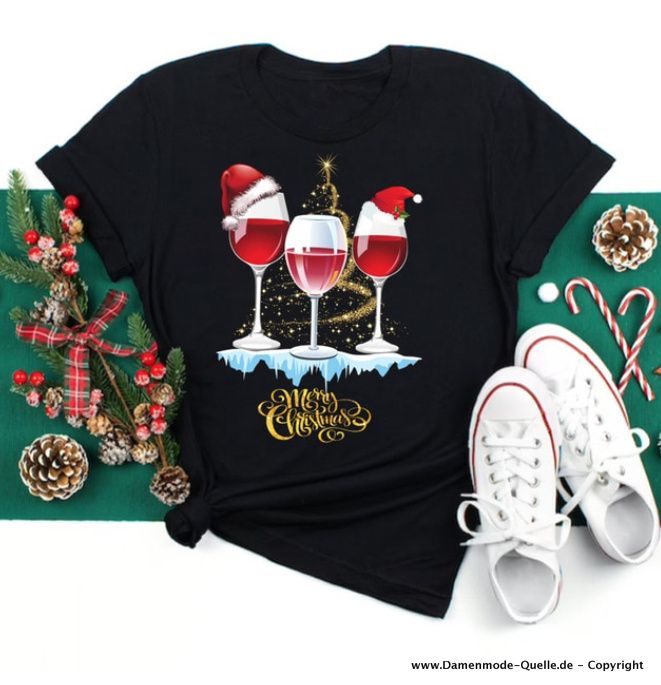 Weingläser mit Weihnachtsmütze Damen T-Shirt in Schwarz