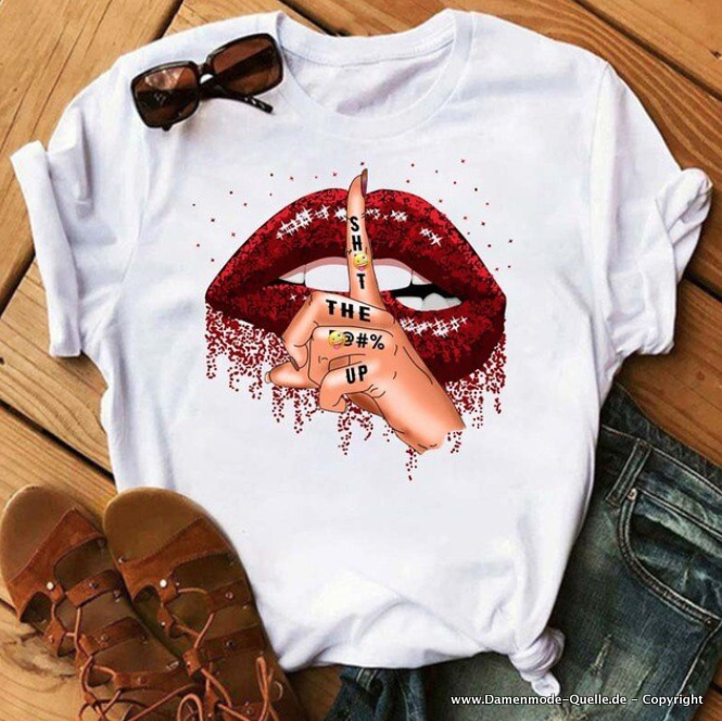 Sexy Rote Lippen Print Damen T-Shirt in Weiß