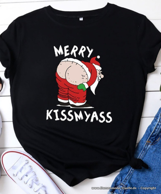 Merry Kissm.. Print Lustige Damen T-Shirt in Schwarz