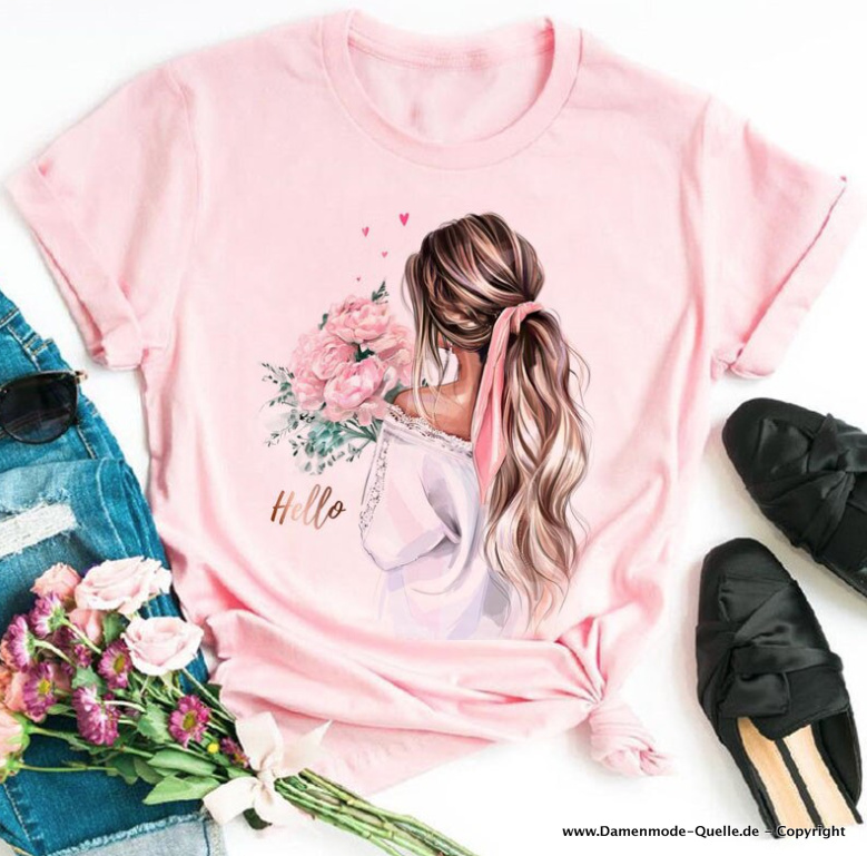Mädchen mit Blumen Print Damen T-Shirt in Rosa