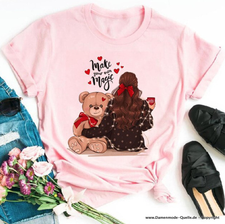 Mädchen mit Teddy Print Damen T-Shirt in Rosa
