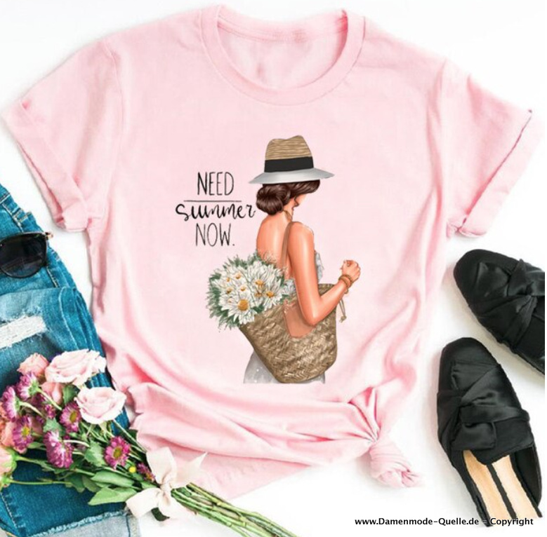Mädchen mit Sommer Blumen Print Damen T-Shirt in Rosa