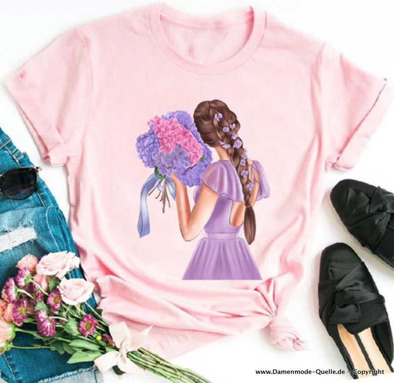 Mädchen mit Flieder Blumen Print Damen T-Shirt in Rosa