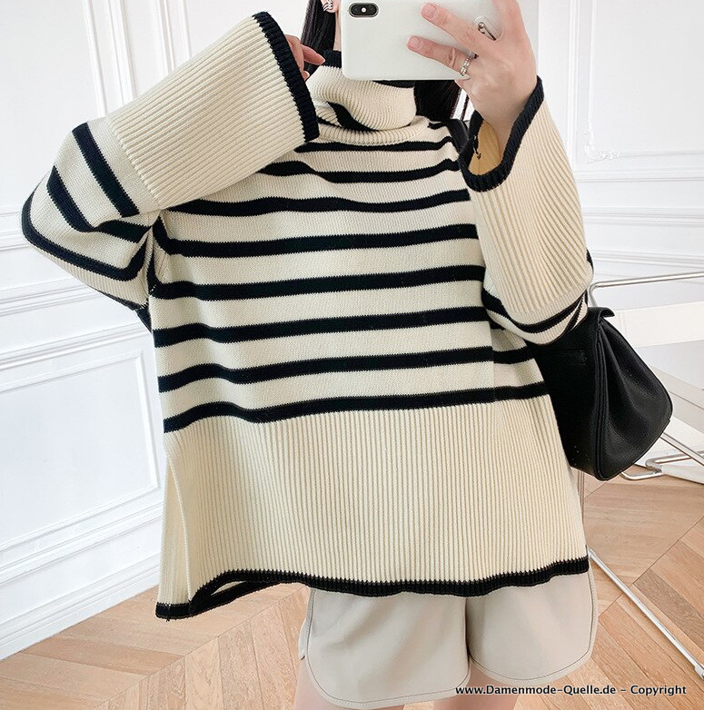 Over Size Strickpullover mit Rollkragen in Creme Schwarz