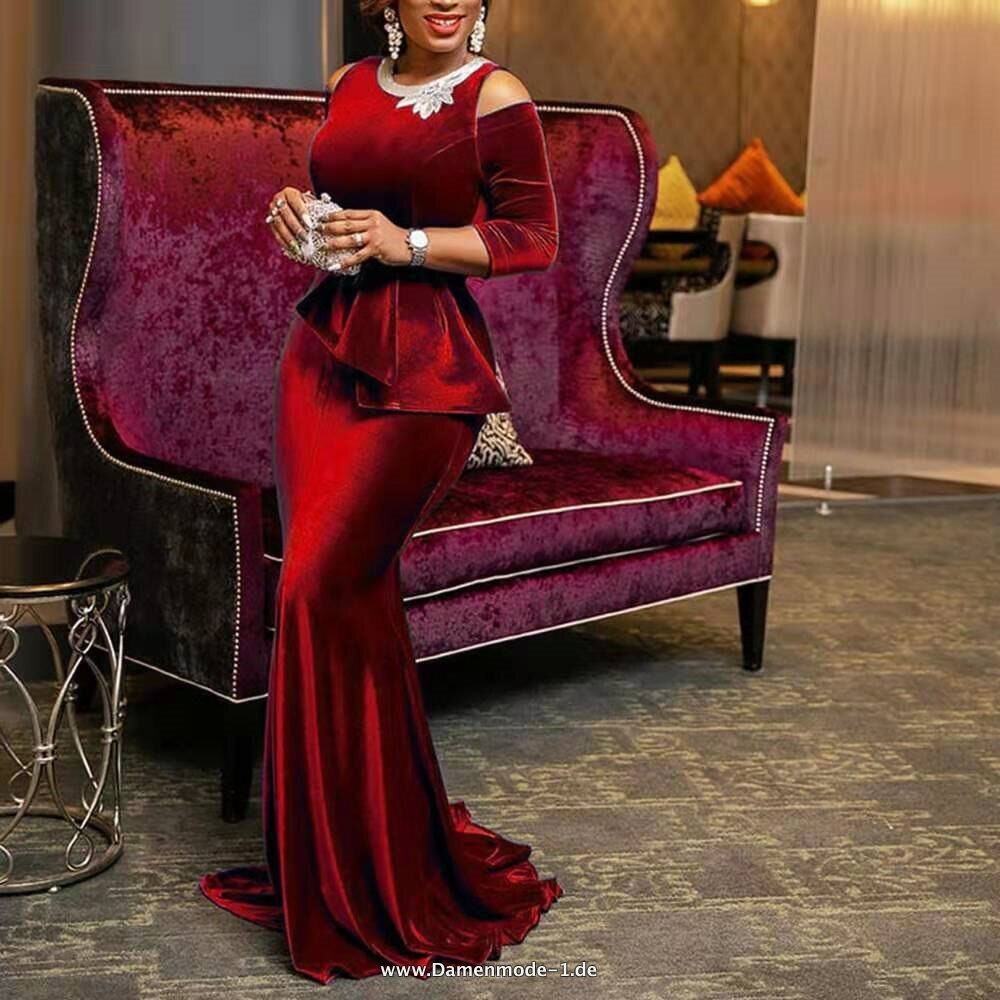 Elegantes Rotes Samt Meerjungfrau Kleid mit Rüschen Vintage Maxi Party Kleid