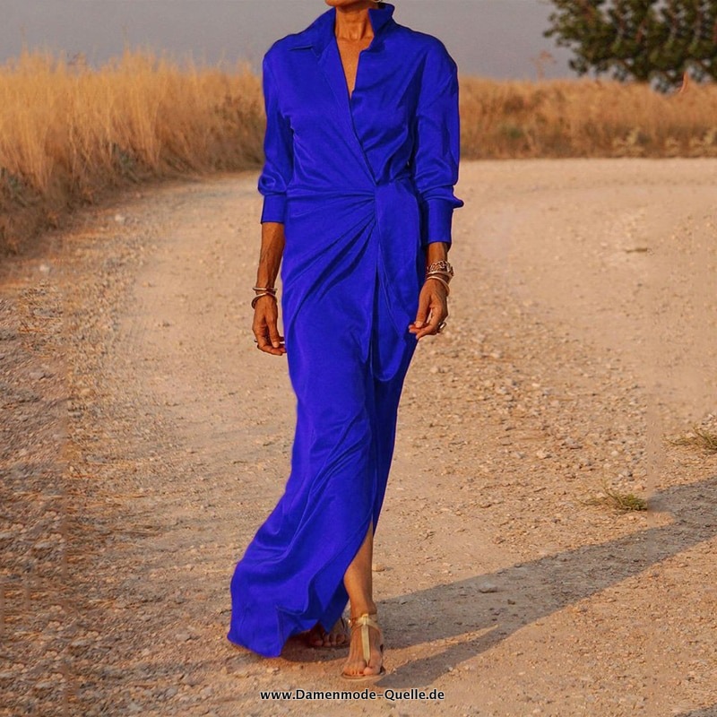 Elenantes Lässiges V-Ausschnitt Langarm Plissee Satin Kleid 2023 in Blau