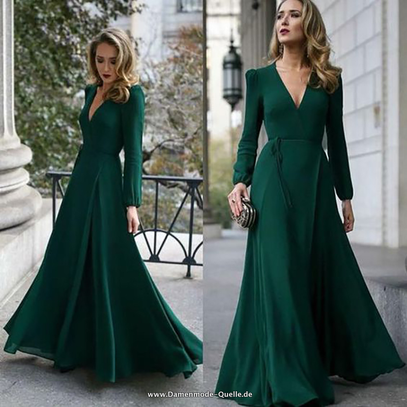 Büro 2023 Elegantes Maxi Kleid mit V-Ausschnitt Langarm