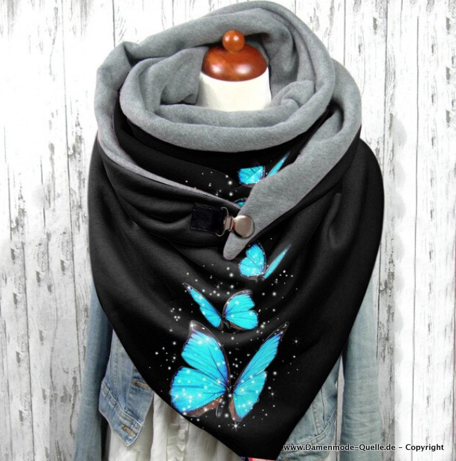 Schmetterling Print Designer Luxus Winter Schal in Schwarz Hellblau Warm