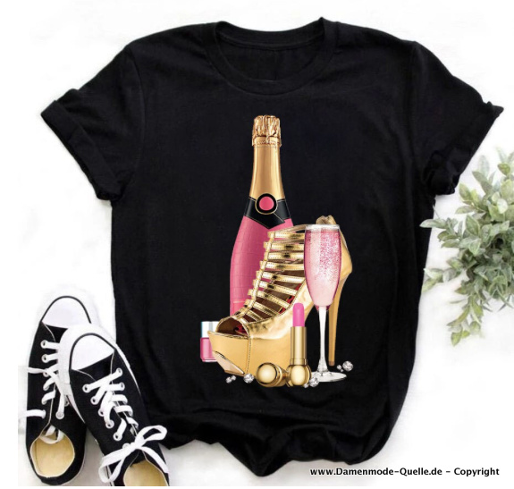 Champagne High Heels Print Damen T-Shirt in Schwarz