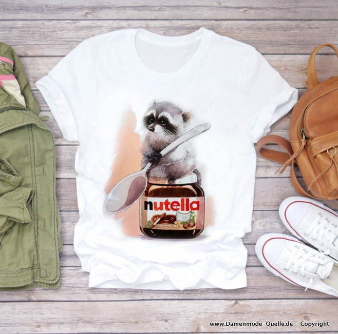 Lustige Waschbär mit Nutella Print Damen T-Shirt in Weiß